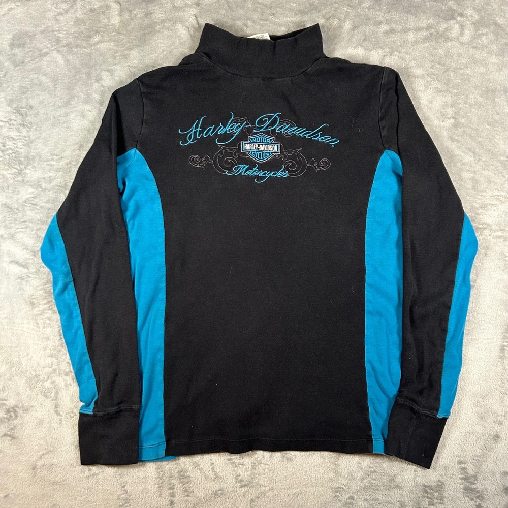 Harley Davidson Mock Neck Shirt Womens Large Black Teal Blue Long Sleeve Cotton